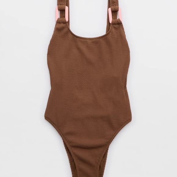 Aerie Crinkle Birthday Scoop Cheekiest One Piece Swimsuit Brown Pink Size XS - Picture 12 of 16